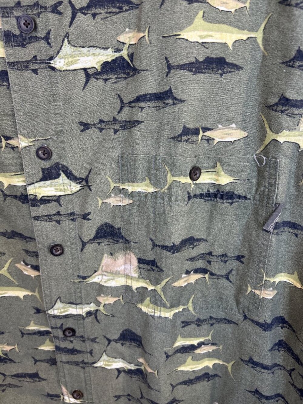Vtg Woolrich Sz 2XL Fish Print Button Up Shirt Long Sleeve Green Coastal Retro - Picture 3 of 9